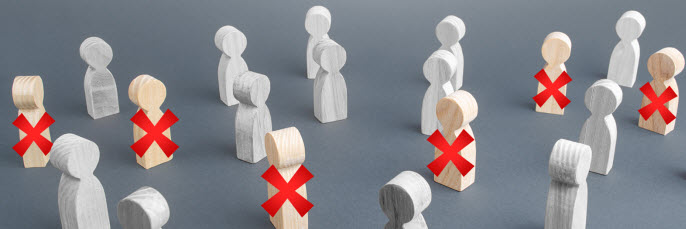 wooden people with some crossed out in red representing mass layoff
