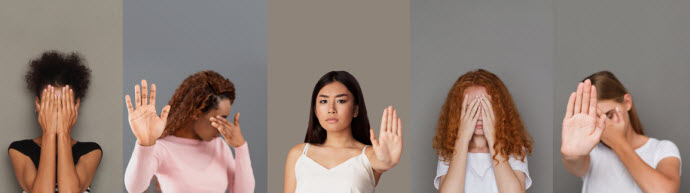 Set of multiracial women making stop gesture and closing face with their hands, collage