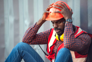 African American male wearing hardhat looking concerned